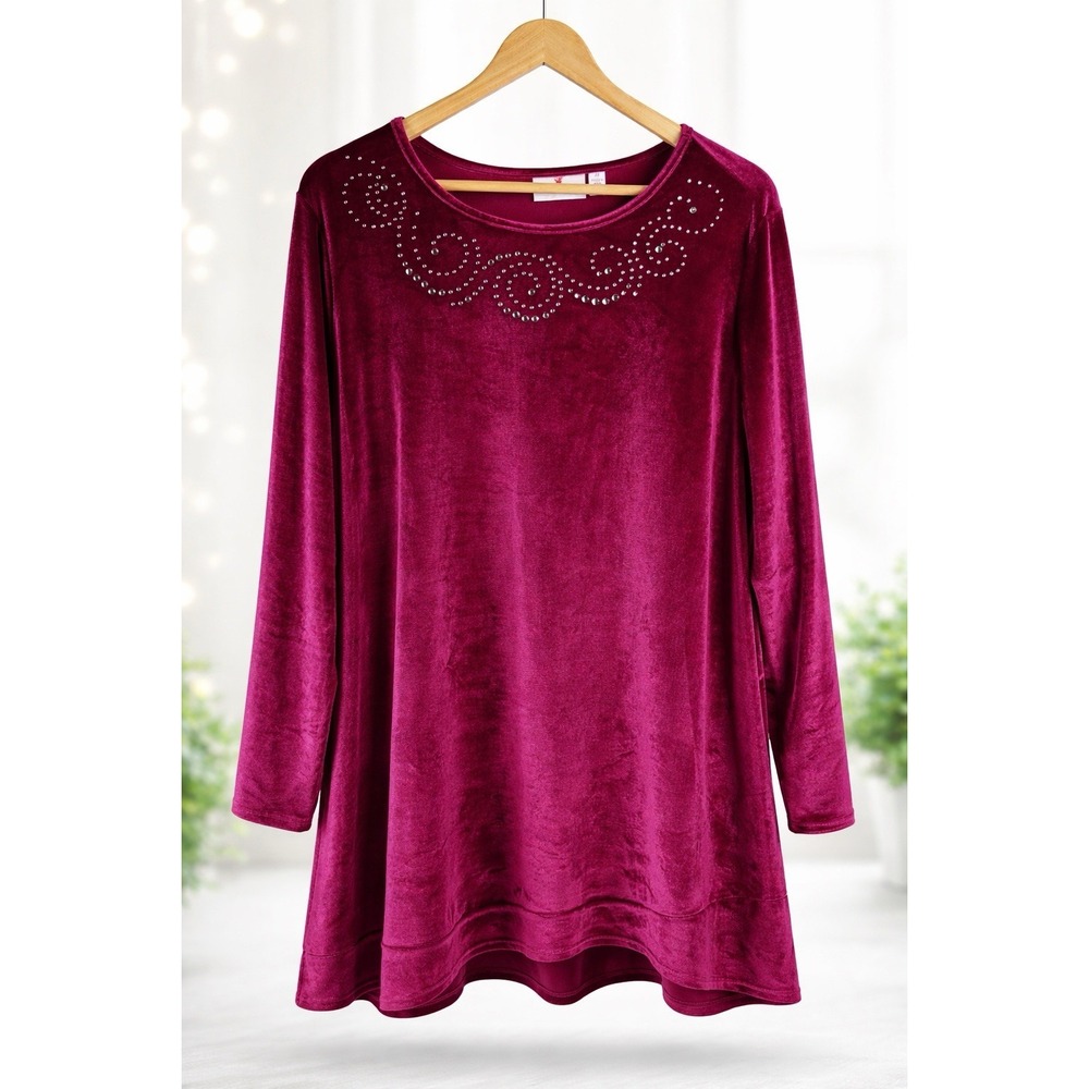 Quacker Factory Shirt Popover 2XL Velour Embellished Burgundy‎ Long Sleeve Tunic